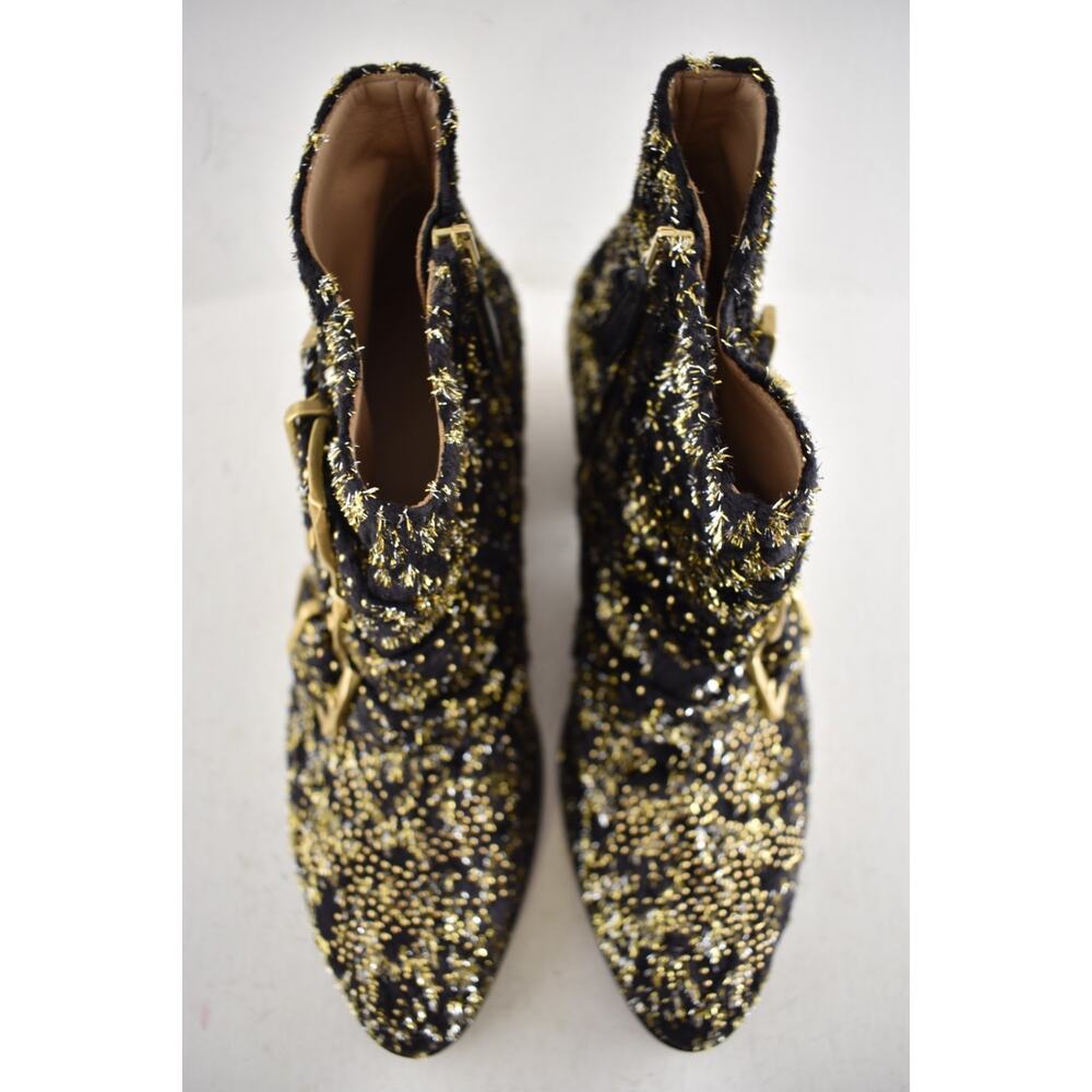 Chloe Suzanna Black Gold Velvet Coupe Studded Short Zipper Ankle Heel Bootie 37 - Picture 10 of 15